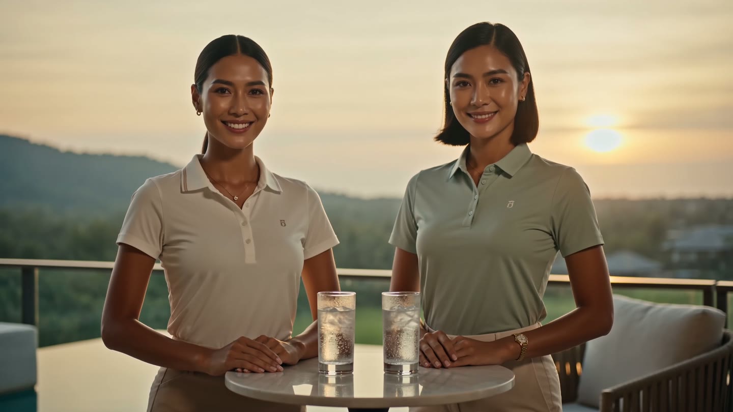 Concept scene of two hosts welcoming guests on a warm sunset terrace